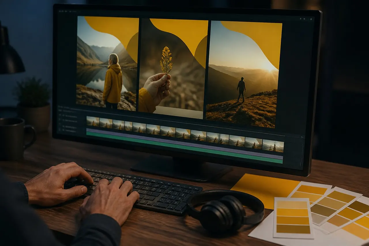 An editor's monitor shows three different video frames sharing the same mustard-yellow shape and colour grade