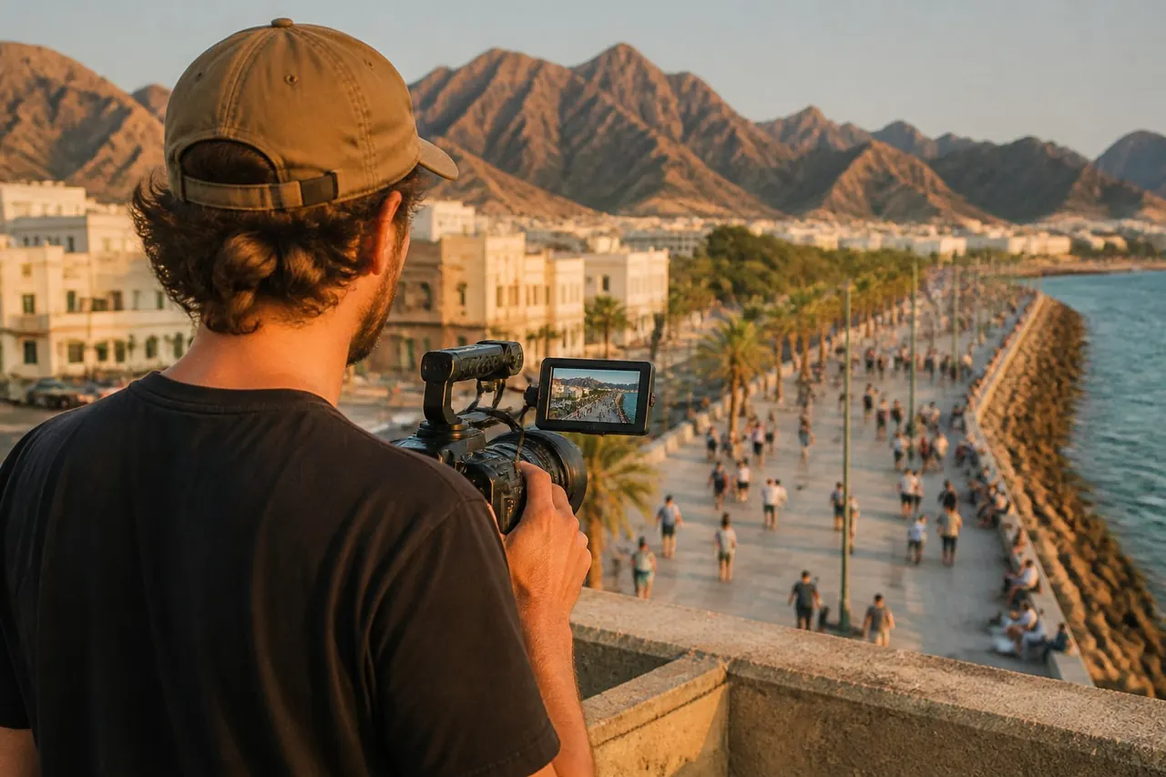 A videographer seen from behind films a busy seaside promenade at golden hour, with mountains behind the city