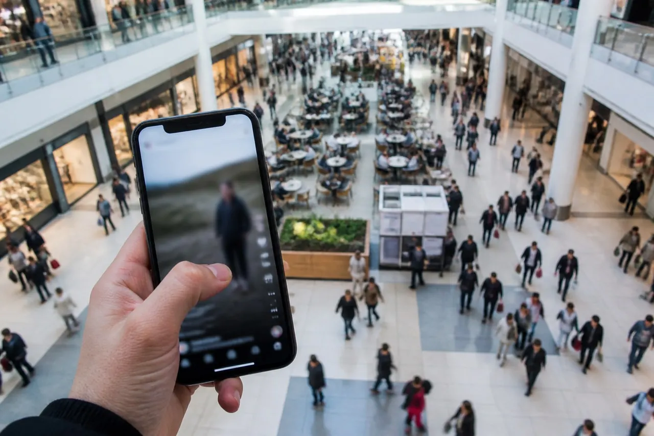 A hand holds a phone scrolling a video feed above a busy mall food court full of shoppers