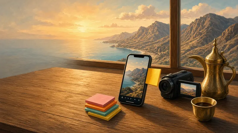 Illustration: a smartphone with a gold sticky note on its edge, a video camera, colourful sticky notes and a brass coffee pot on a wooden desk by a window overlooking mountains and the sea at sunset