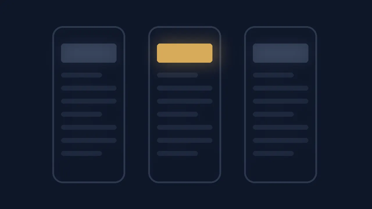 Illustration: three phone screens with text lines; the middle one has a glowing gold headline bar at the top