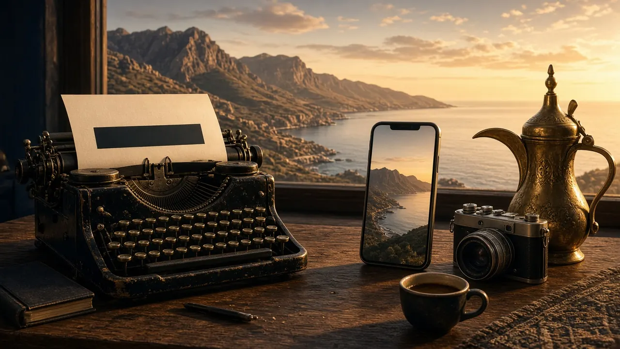 Illustration: a vintage typewriter, a smartphone showing a vertical video, a camera and a brass coffee pot on a desk by a window overlooking mountains and the sea at sunset