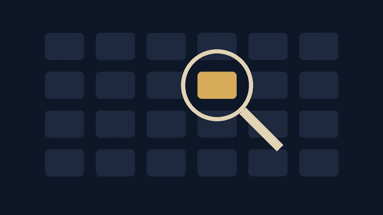 Illustration: a grid of dark tiles with one highlighted gold tile under a magnifying glass