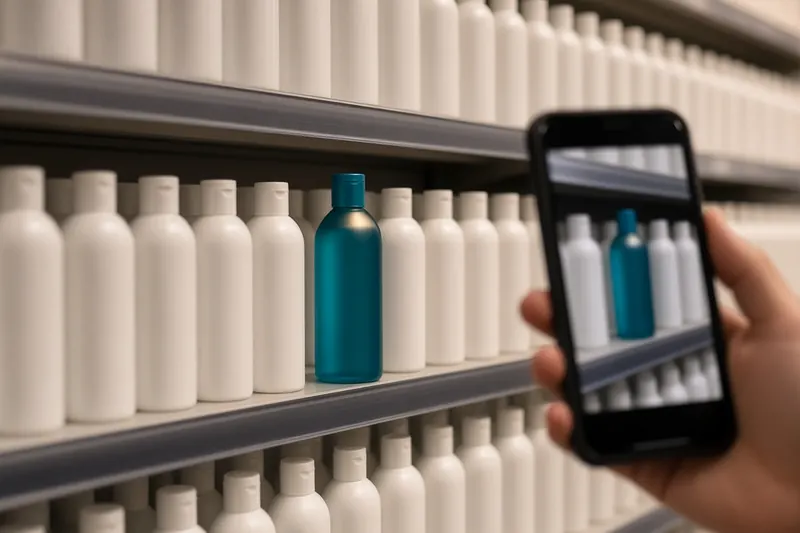 A shelf of identical white bottles with one teal bottle standing out, while a hand films it with a phone